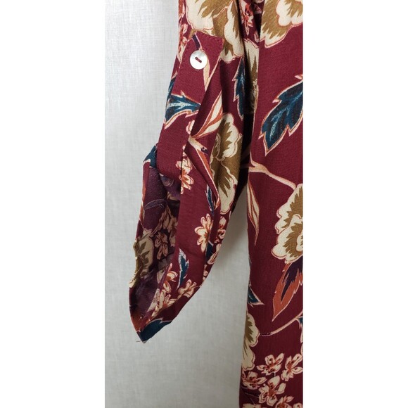 Daniel Rainn Blouse Top M Brown Multicolor Floral Roll Tab Sleeves Autumn Fall - Picture 5 of 7